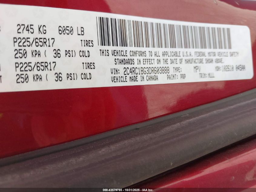 2013 Chrysler Town & Country Touring VIN: 2C4RC1BG3DR603888 Lot: 43579785