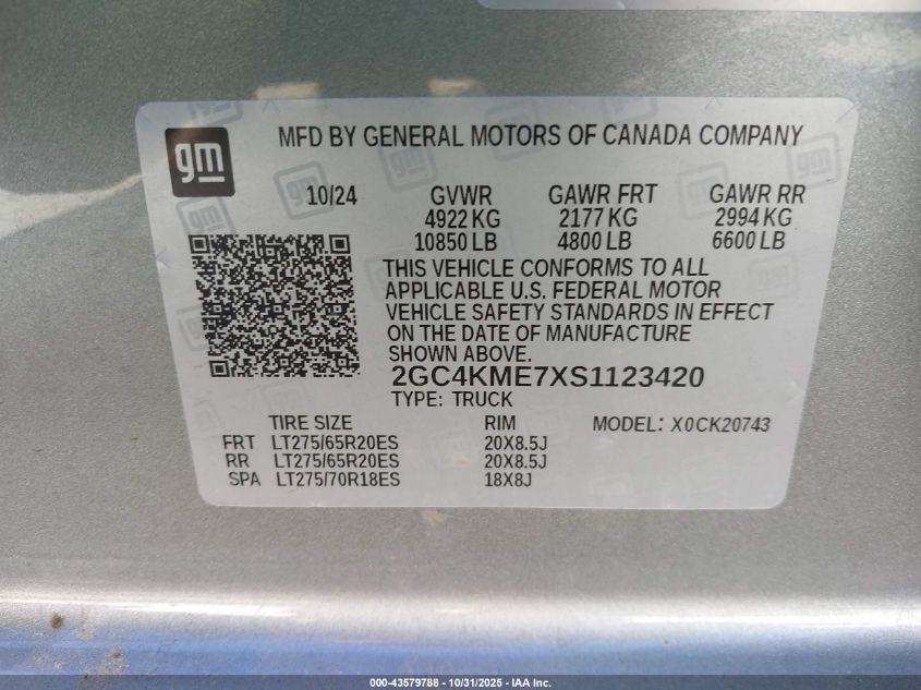 2025 Chevrolet Silverado 2500Hd 4Wd Standard Bed Custom VIN: 2GC4KME7XS1123420 Lot: 43579788
