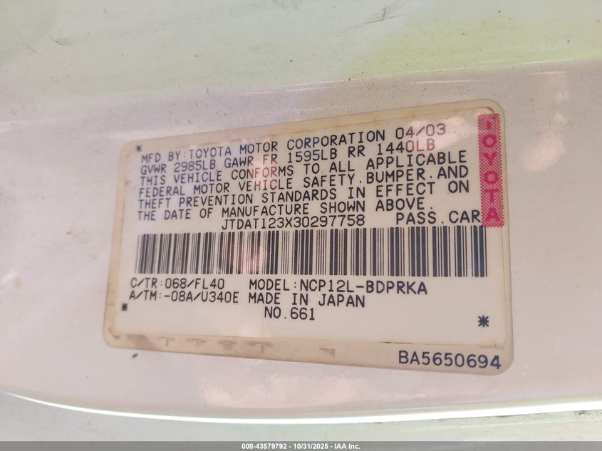 2003 Toyota Echo VIN: JTDAT123X30297758 Lot: 43579792