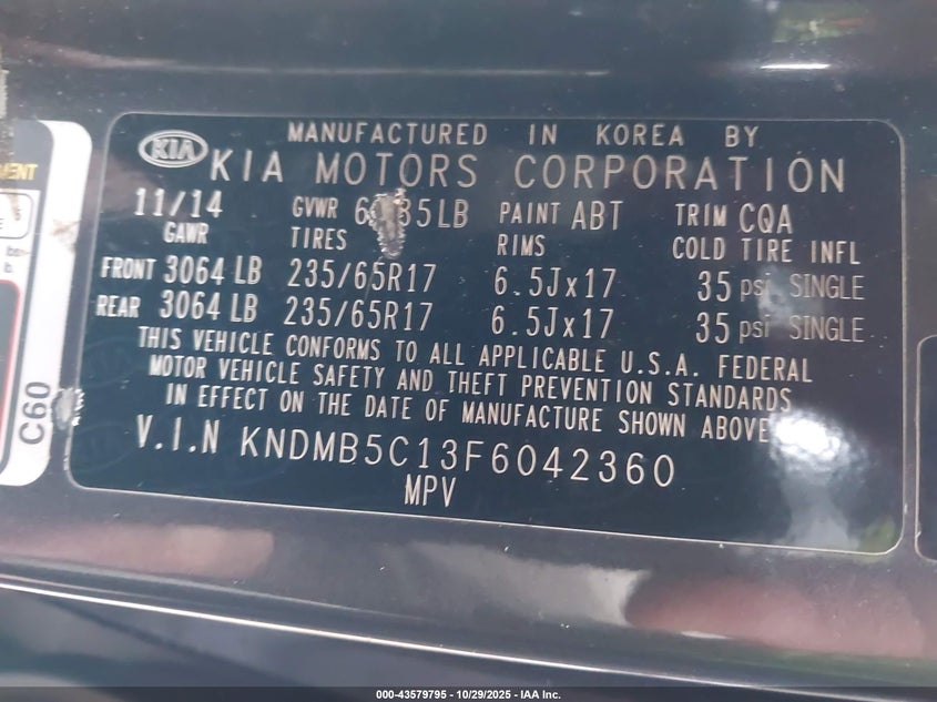 2015 KIA SEDONA LX KNDMB5C13F6042360