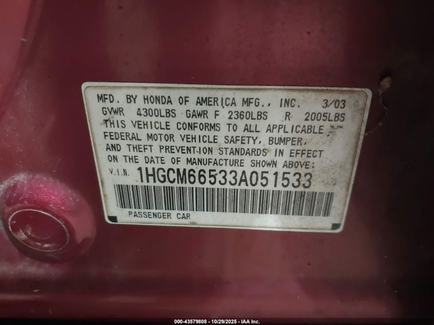 2003 Honda Accord 3.0 Ex VIN: 1HGCM66533A051533 Lot: 43579808