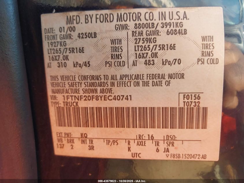 2000 Ford F-250 Lariat/Xl/Xlt VIN: 1FTNF20F8YEC40741 Lot: 43579823