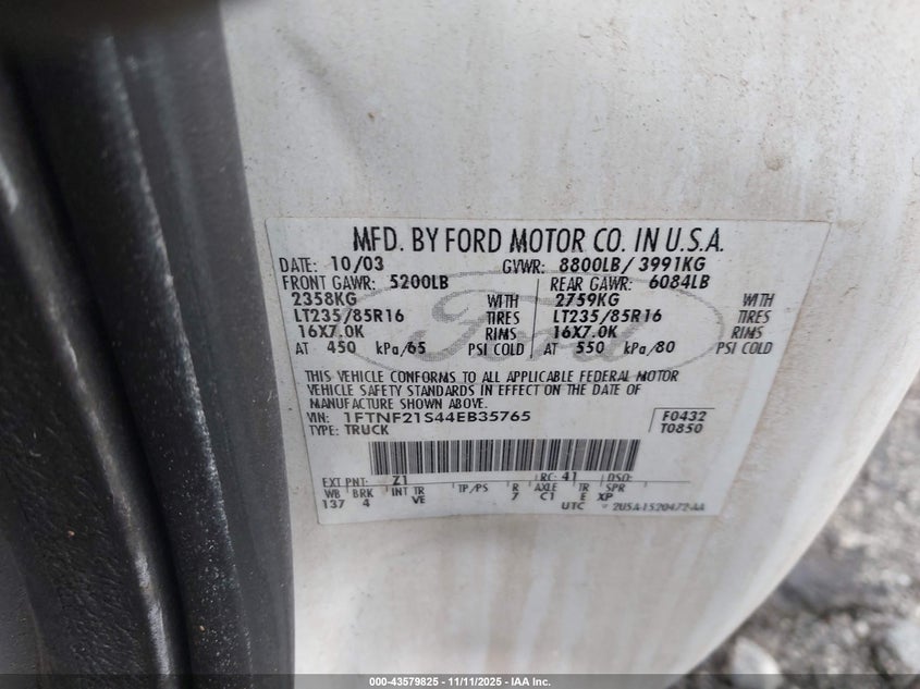 1FTNF21S44EB35765 2004 FORD F250 photo no. 9