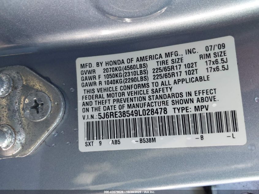2009 Honda Cr-V Ex VIN: 5J6RE38549L028478 Lot: 43579826