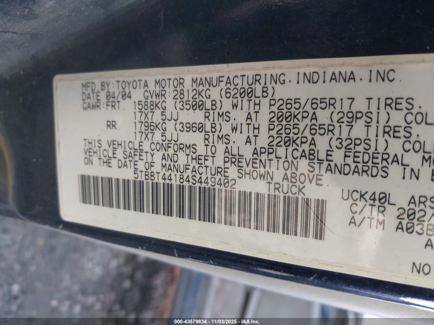 5TBBT44184S449402 2004 TOYOTA TUNDRA photo no. 9