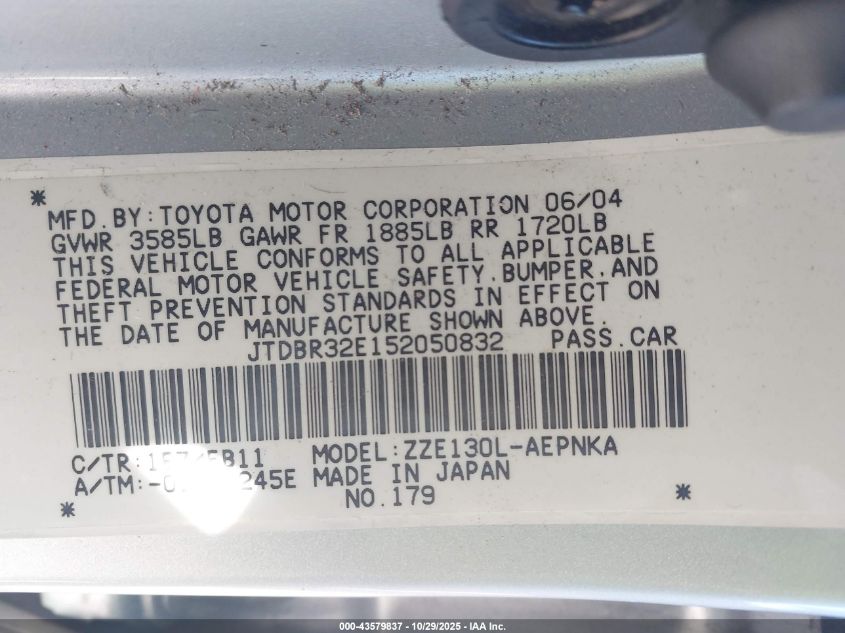 2005 Toyota Corolla Le VIN: JTDBR32E152050832 Lot: 43579837