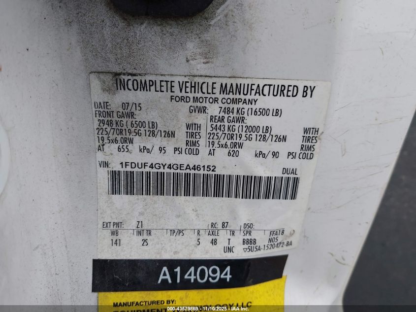 2016 Ford F-450 Chassis Xl VIN: 1FDUF4GY4GEA46152 Lot: 43579869