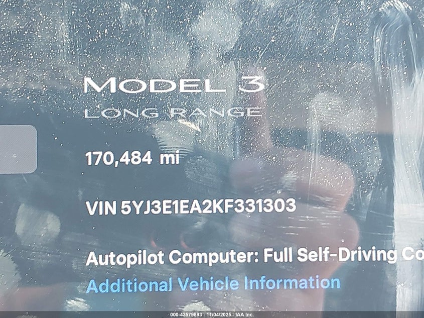 2019 Tesla Model 3 Long Range/Mid Range/Standard Range/Standard Range Plus VIN: 5YJ3E1EA2KF331303 Lot: 43579893