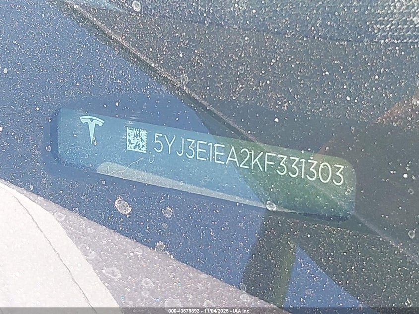 2019 Tesla Model 3 Long Range/Mid Range/Standard Range/Standard Range Plus VIN: 5YJ3E1EA2KF331303 Lot: 43579893