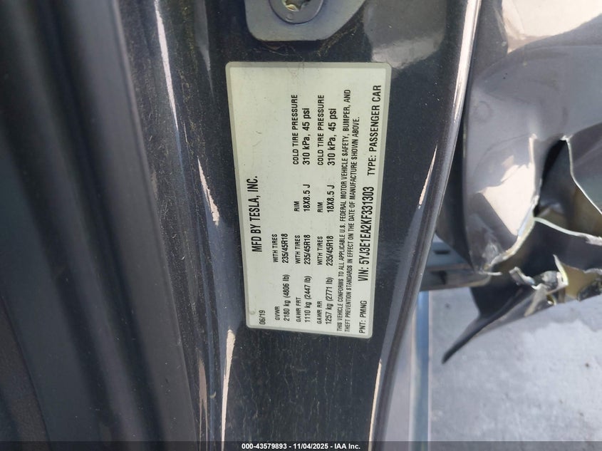 2019 Tesla Model 3 Long Range/Mid Range/Standard Range/Standard Range Plus VIN: 5YJ3E1EA2KF331303 Lot: 43579893