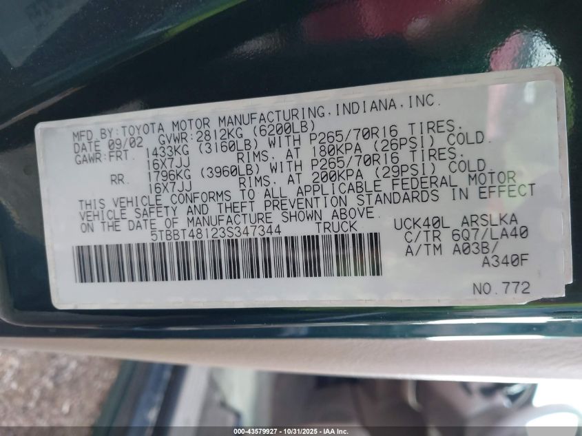 2003 Toyota Tundra Ltd V8 VIN: 5TBBT48123S347344 Lot: 43579927