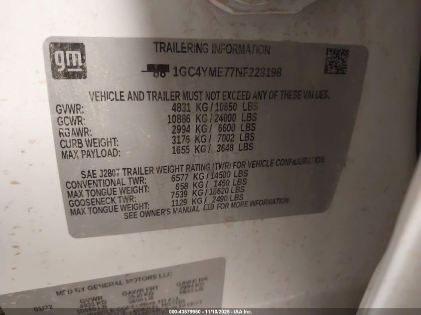 2022 Chevrolet Silverado 2500Hd 4Wd Standard Bed Custom VIN: 1GC4YME77NF228198 Lot: 43579950