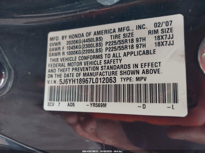 2007 Honda Element Sc VIN: 5J6YH18967L012063 Lot: 43579979