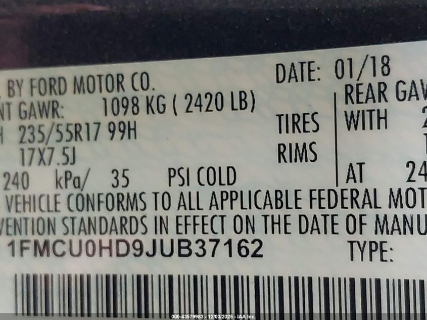 2018 Ford Escape Sel VIN: 1FMCU0HD9JUB37162 Lot: 43579983