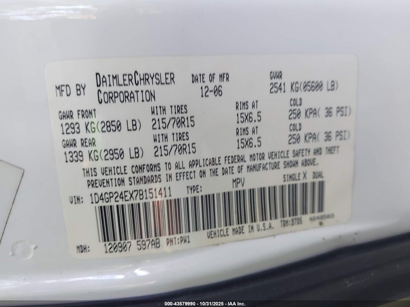 2007 Dodge Grand Caravan Se VIN: 1D4GP24EX7B151411 Lot: 43579990