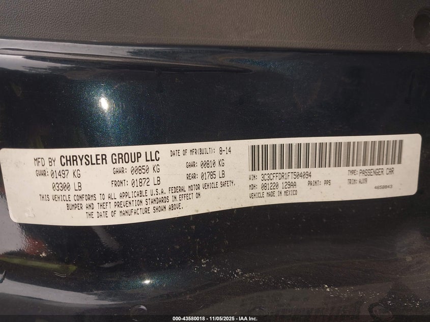 2015 Fiat 500C Pop VIN: 3C3CFFDR1FT504094 Lot: 43580018