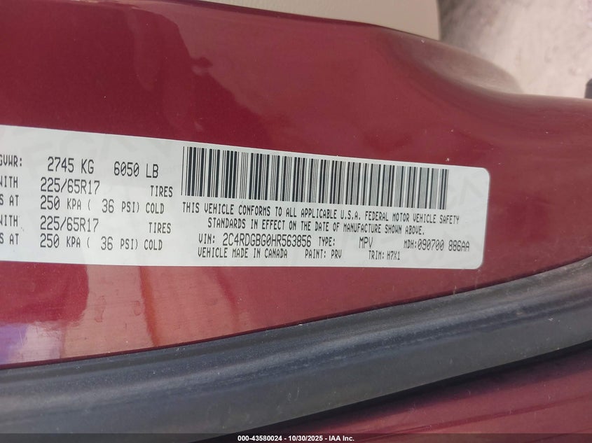 2017 Dodge Grand Caravan Se VIN: 2C4RDGBG0HR563856 Lot: 43580024