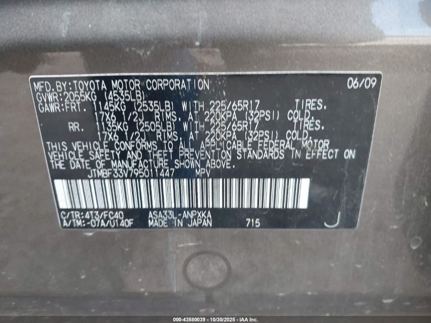 2009 Toyota Rav4 VIN: JTMBF33V795011447 Lot: 43580039
