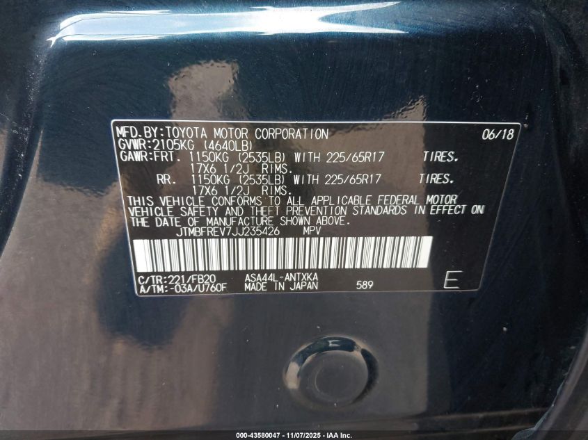 2018 Toyota Rav4 Le VIN: JTMBFREV7JJ235426 Lot: 43580047