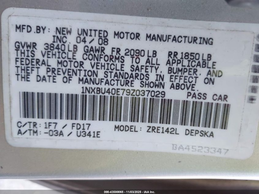 2009 Toyota Corolla S VIN: 1NXBU40E79Z037029 Lot: 43580065