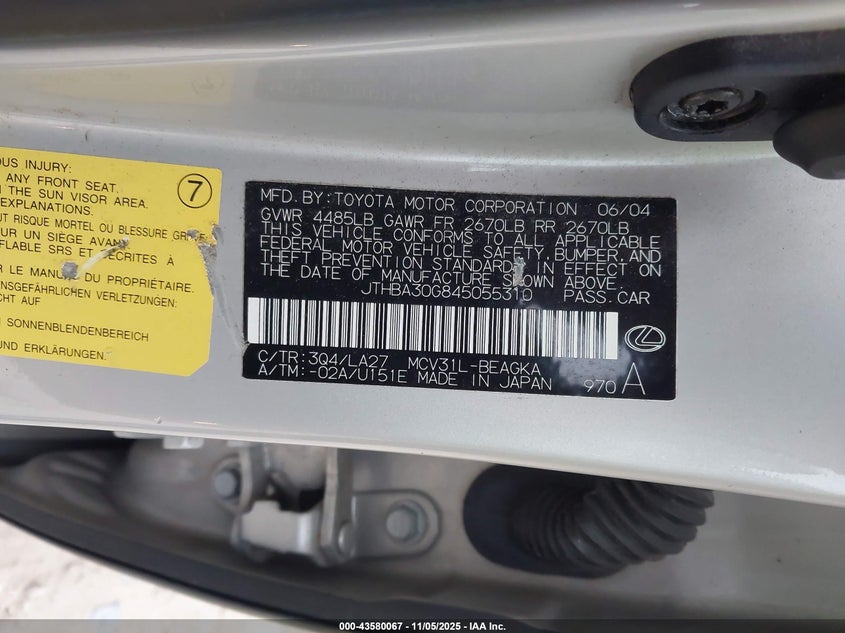 JTHBA30G845055310 2004 LEXUS ES photo no. 9