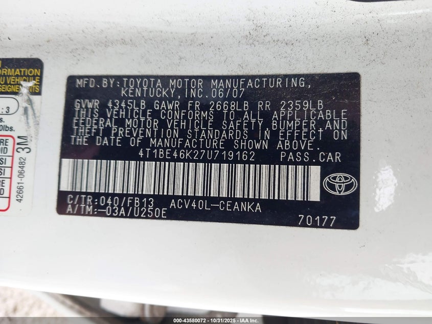 4T1BE46K27U719162 2007 TOYOTA CAMRY photo no. 9