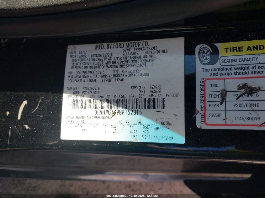 2008 Ford Fusion Se VIN: 3FAHP07Z98R152315 Lot: 43580080