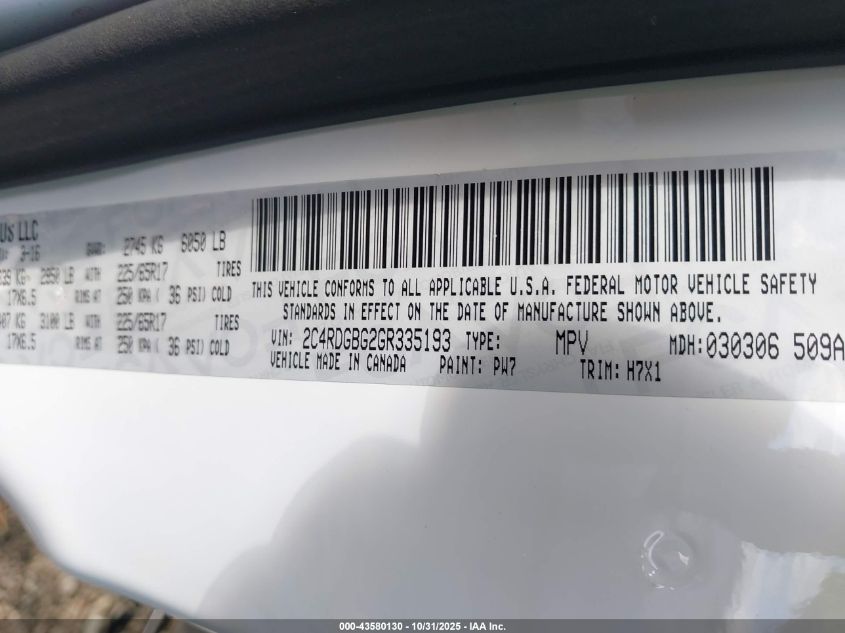 2016 Dodge Grand Caravan Se VIN: 2C4RDGBG2GR335193 Lot: 43580130