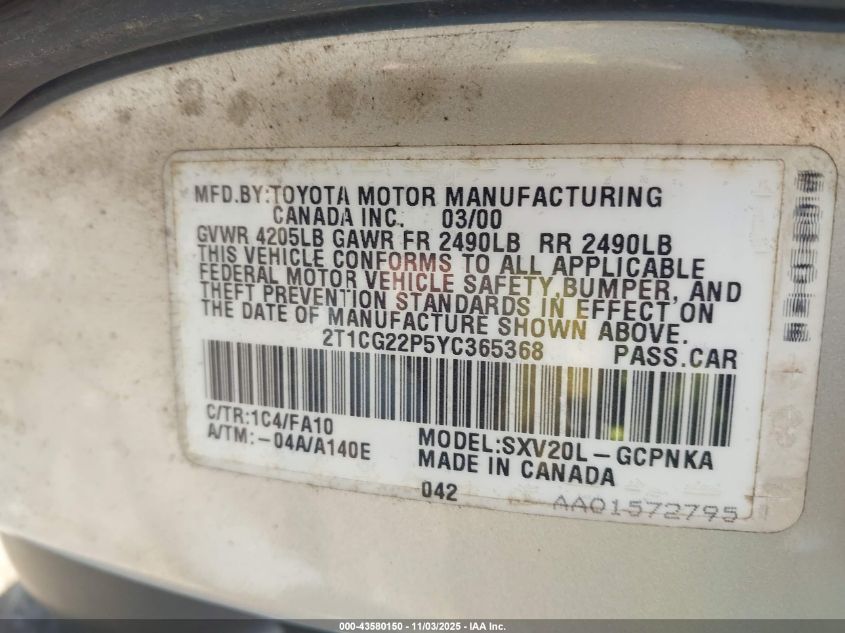 2000 Toyota Camry Solara Se VIN: 2T1CG22P5YC365368 Lot: 43580150