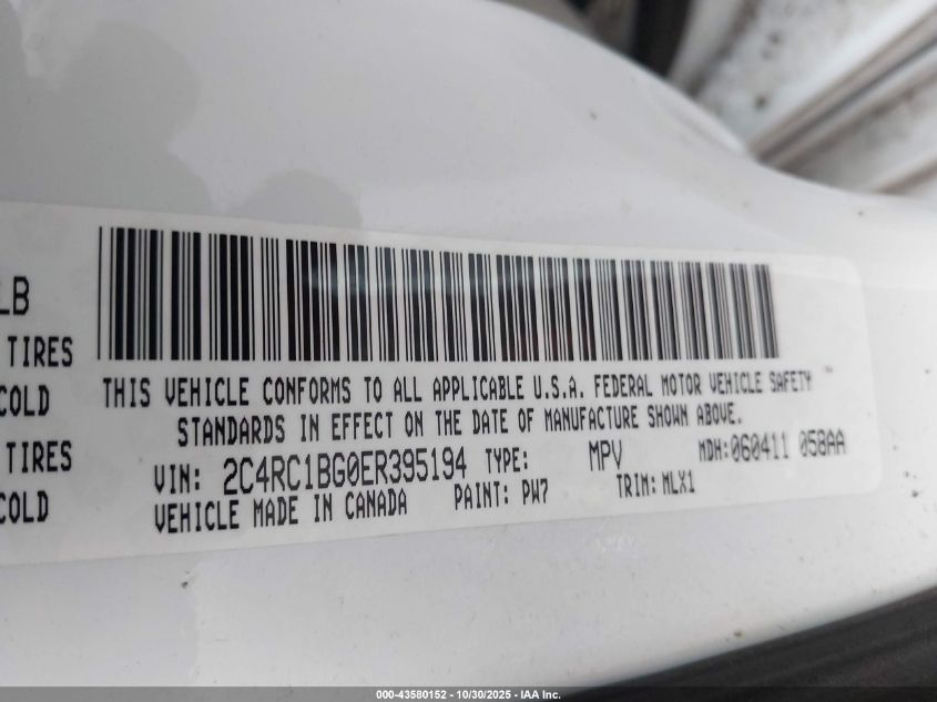 2014 Chrysler Town & Country Touring VIN: 2C4RC1BG0ER395194 Lot: 43580152