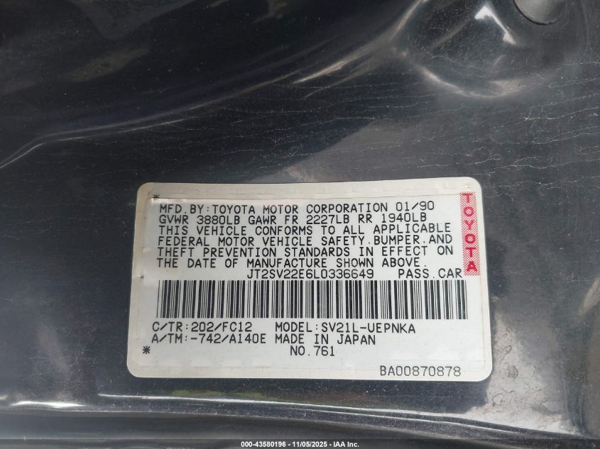 1990 Toyota Camry Le VIN: JT2SV22E6L0336649 Lot: 43580196