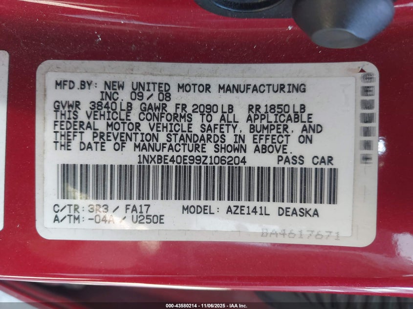 1NXBE40E99Z106204 2009 TOYOTA COROLLA photo no. 9