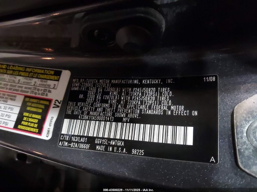 2009 Toyota Venza Base V6 VIN: 4T3BK11A59U001413 Lot: 43580229