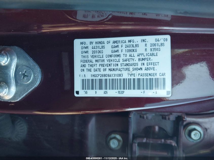 2009 Honda Accord 2.4 Ex-L VIN: 1HGCP26809A131083 Lot: 43580261