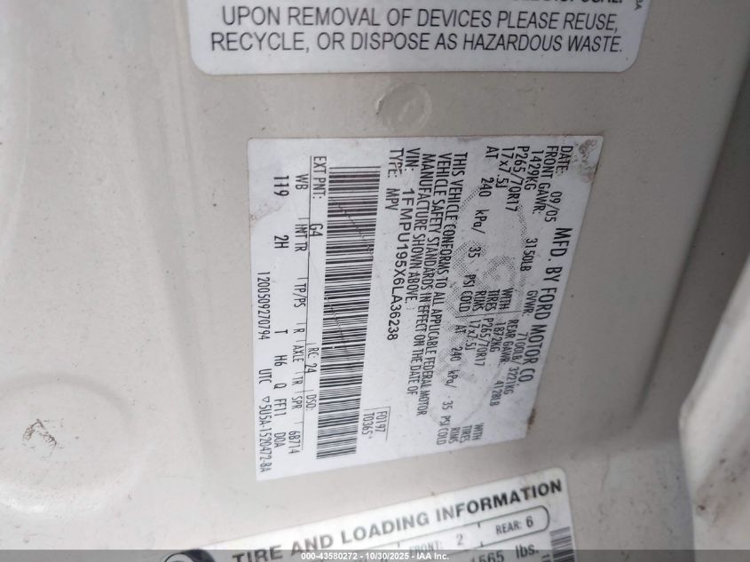 2006 Ford Expedition Limited VIN: 1FMPU195X6LA36238 Lot: 43580272