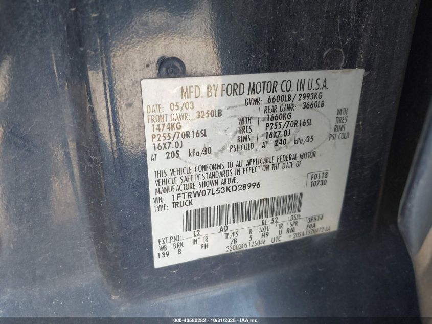 2003 Ford F-150 Lariat/Xlt VIN: 1FTRW07L53KD28996 Lot: 43580282