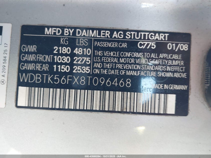 2008 Mercedes-Benz Clk 350 VIN: WDBTK56FX8T096468 Lot: 43580284