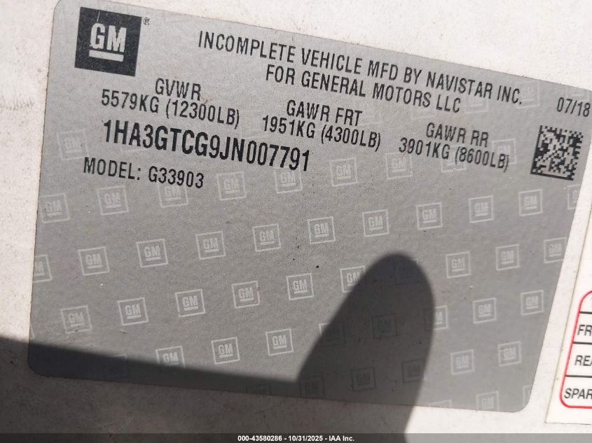 2018 Chevrolet Express Cutaway Work Van VIN: 1HA3GTCG9JN007791 Lot: 43580286