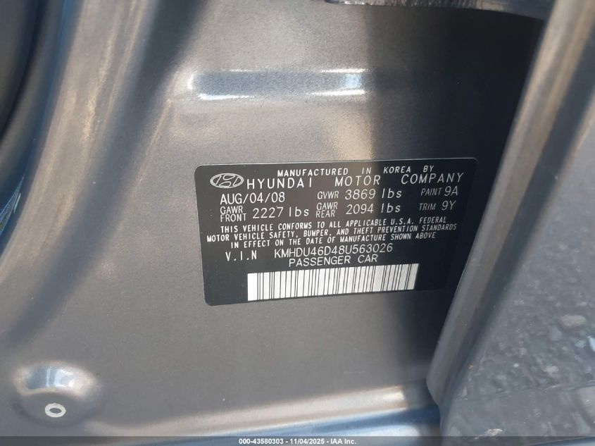 2008 Hyundai Elantra Gls/Se VIN: KMHDU46D48U563026 Lot: 43580303