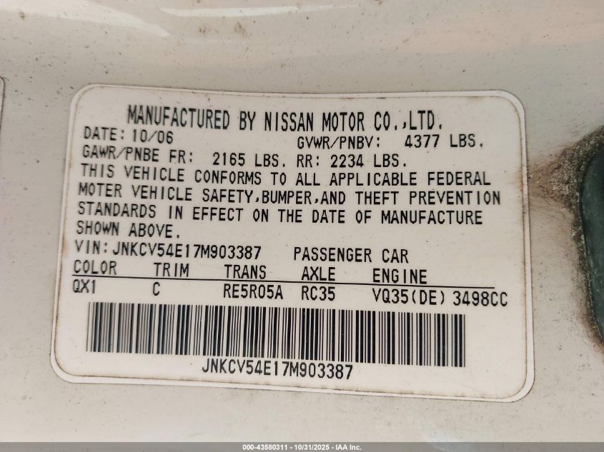 2007 Infiniti G35 VIN: JNKCV54E17M903387 Lot: 43580311