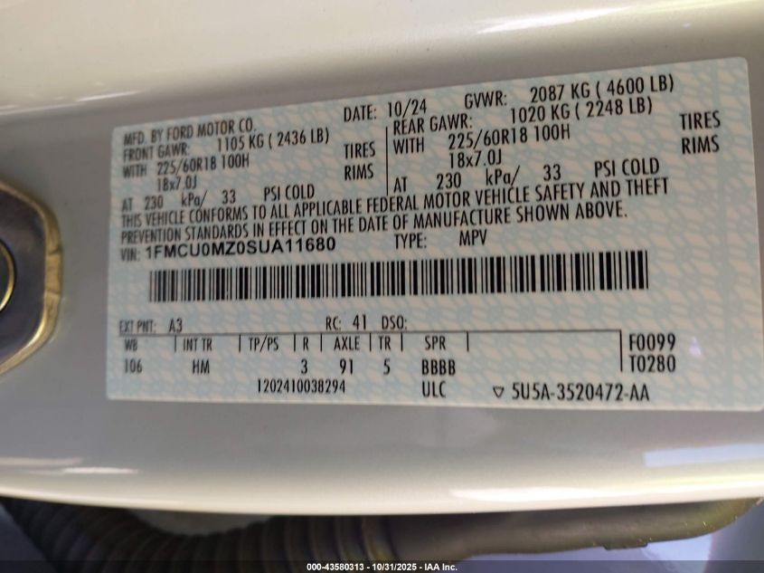 2025 Ford Escape St-Line VIN: 1FMCU0MZ0SUA11680 Lot: 43580313