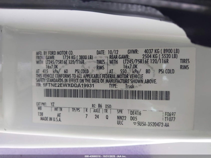 2013 Ford E-250 Commercial VIN: 1FTNE2EWXDDA19931 Lot: 43580318