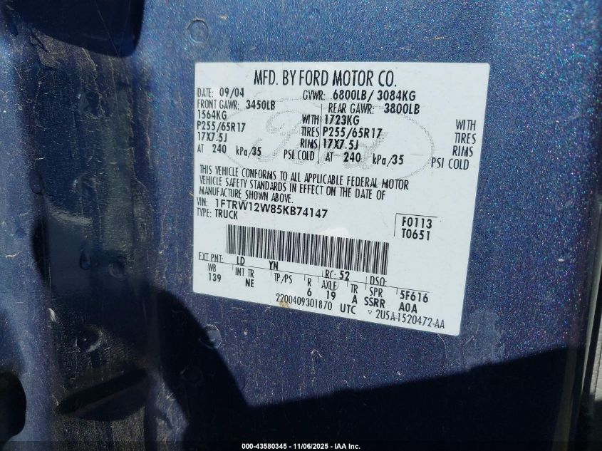 2005 Ford F-150 Xlt VIN: 1FTRW12W85KB74147 Lot: 43580345