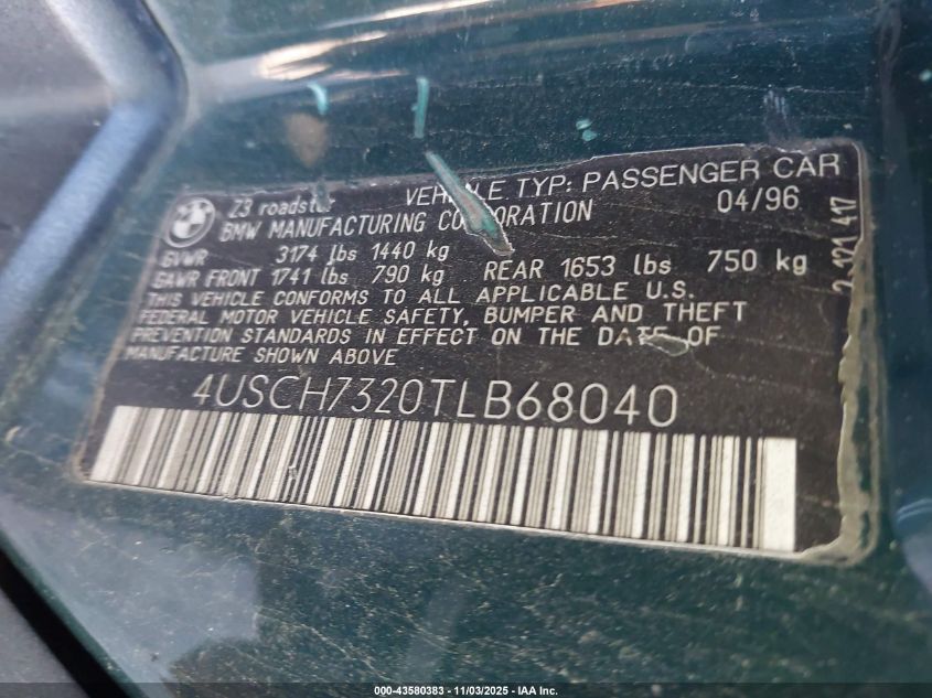 1996 BMW Z3 1.9 VIN: 4USCH7320TLB68040 Lot: 43580383