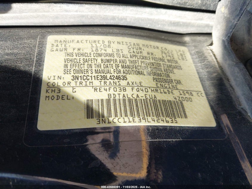 3N1CC11E39L424635 2009 NISSAN VERSA photo no. 9