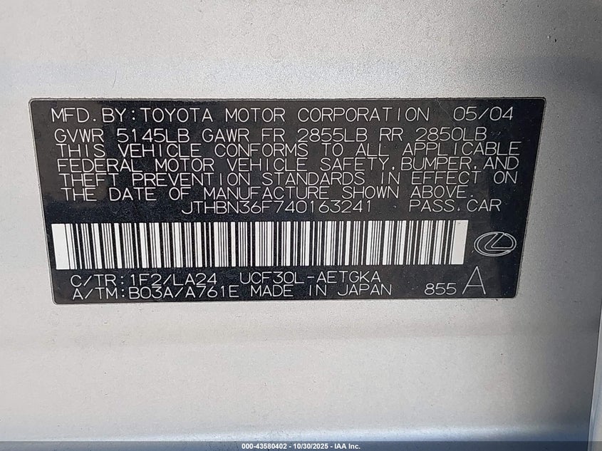 2004 Lexus Ls 430 VIN: JTHBN36F740163241 Lot: 43580402
