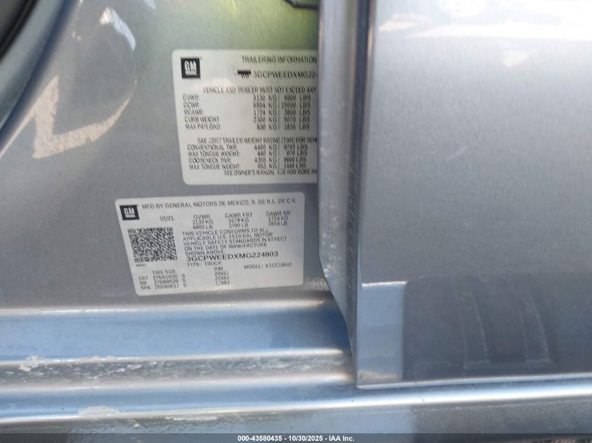 2021 Chevrolet Silverado 1500 2Wd Short Bed Ltz VIN: 3GCPWEEDXMG224903 Lot: 43580435