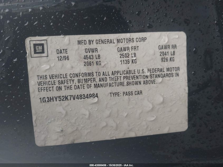 1997 Oldsmobile Lss VIN: 1G3HY52K7V4834984 Lot: 43580456