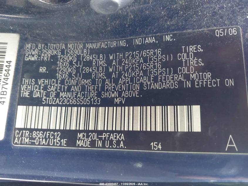 5TDZA23C66S505133 2006 TOYOTA SIENNA photo no. 9