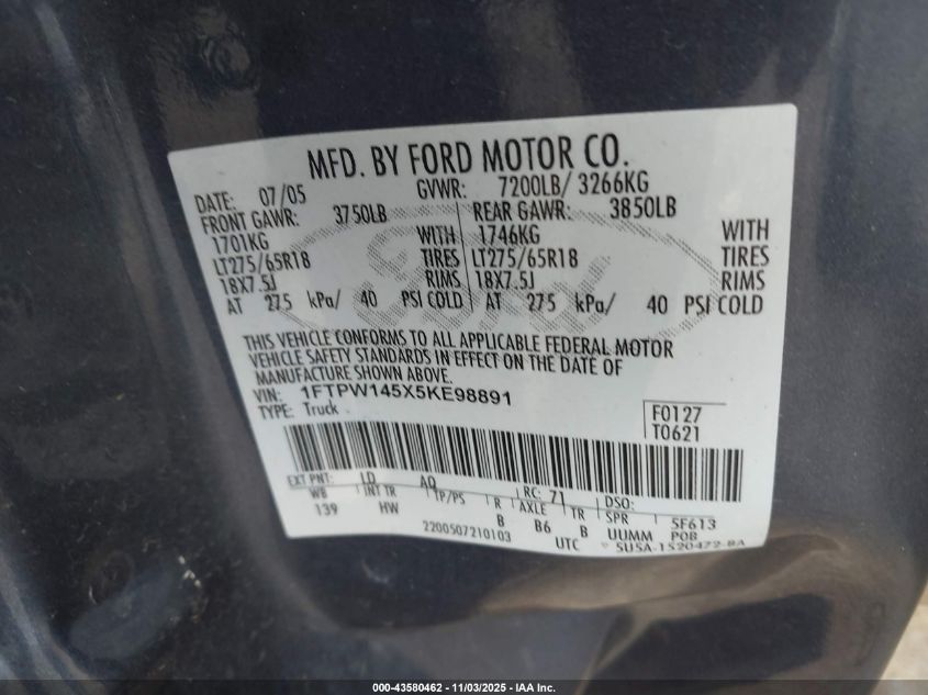 2005 Ford F-150 Fx4/Lariat/Xlt VIN: 1FTPW145X5KE98891 Lot: 43580462